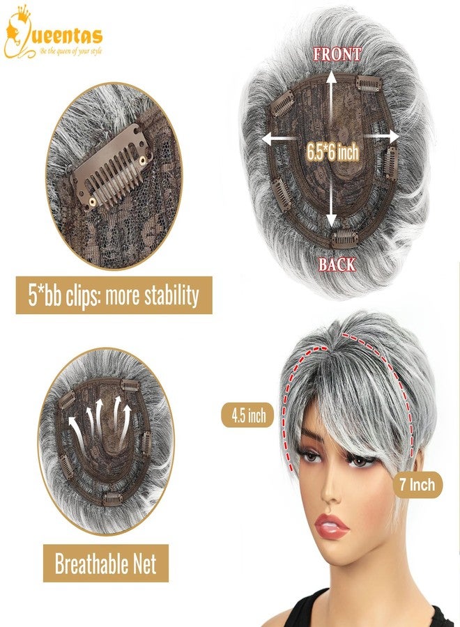 QUEENTAS Short Hair Topper for Women with Thinning Hair Daily Wear 360°3D Cover Up 6.5"*6" Fluffy Hair Pieces with Bangs(Black Mixed Grey) - Image 4